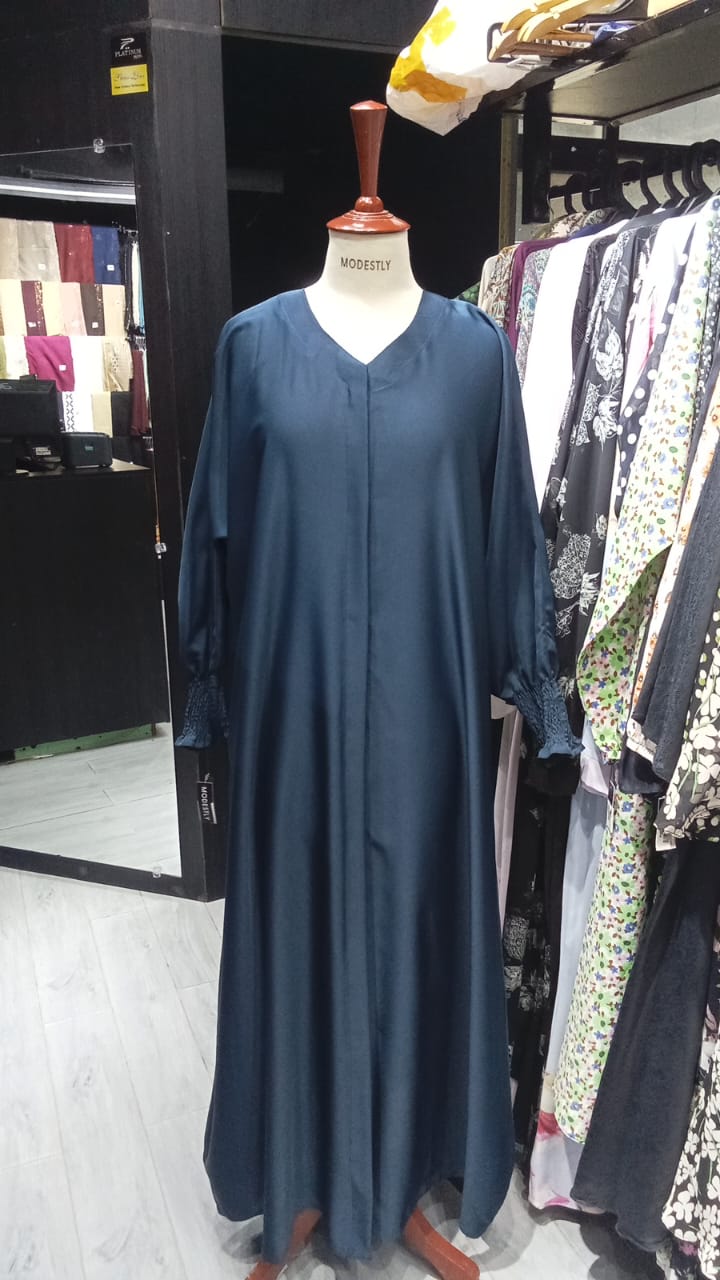 Open Front Korean Nida Abaya with Smokey Sleeves – Teal