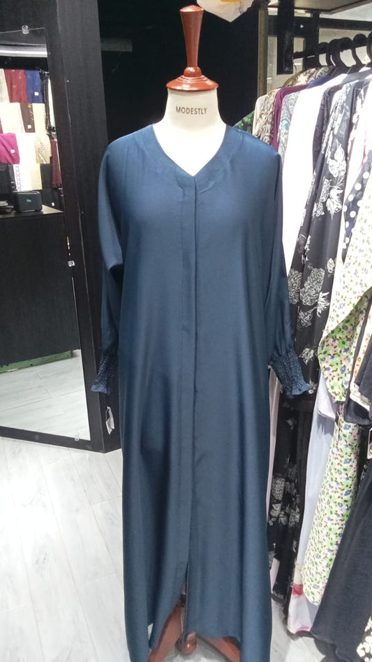 Open Front Korean Nida Abaya with Smokey Sleeves – Light Teal