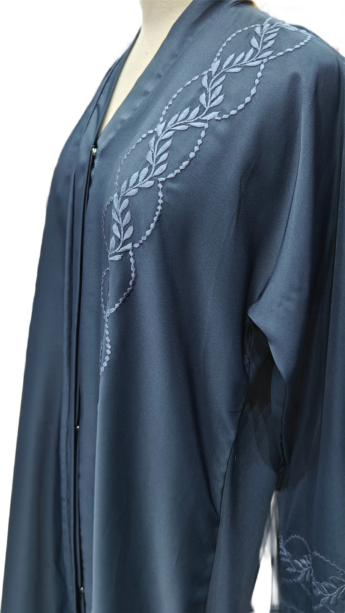Premium Nida Silk Abaya in Zinc with Detailed Embroidery