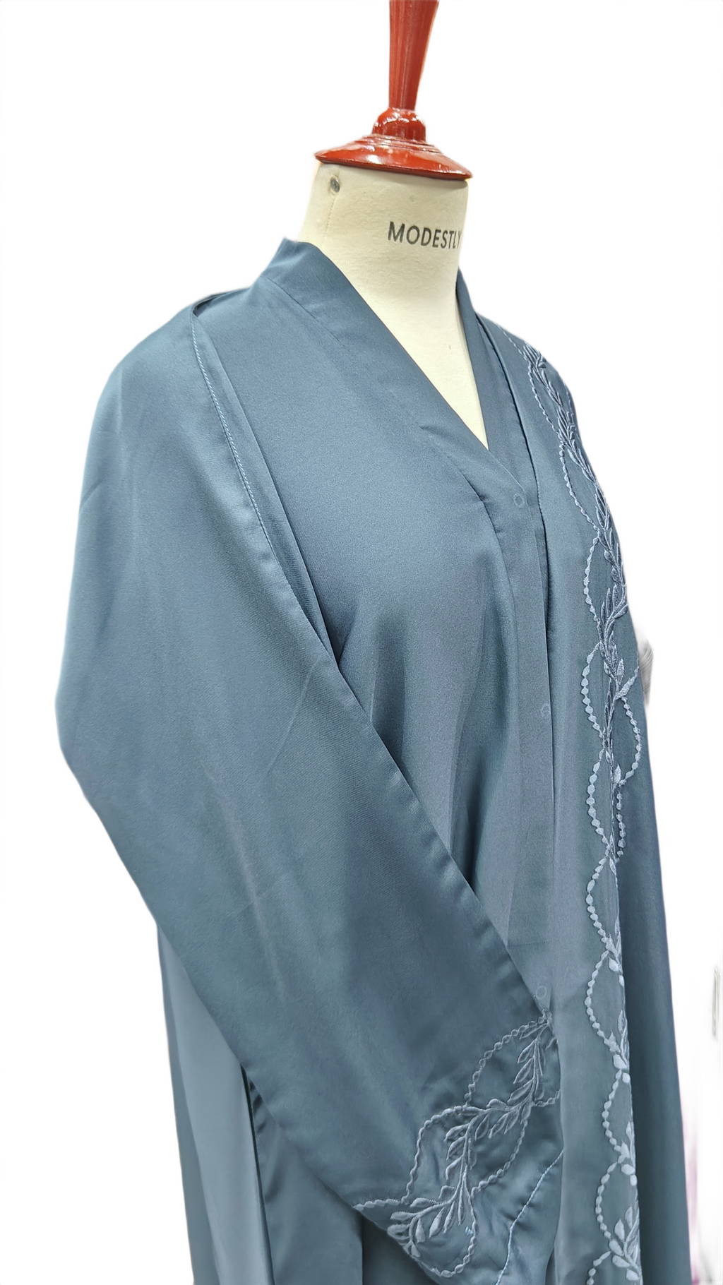 Premium Nida Silk Abaya in Zinc with Detailed Embroidery