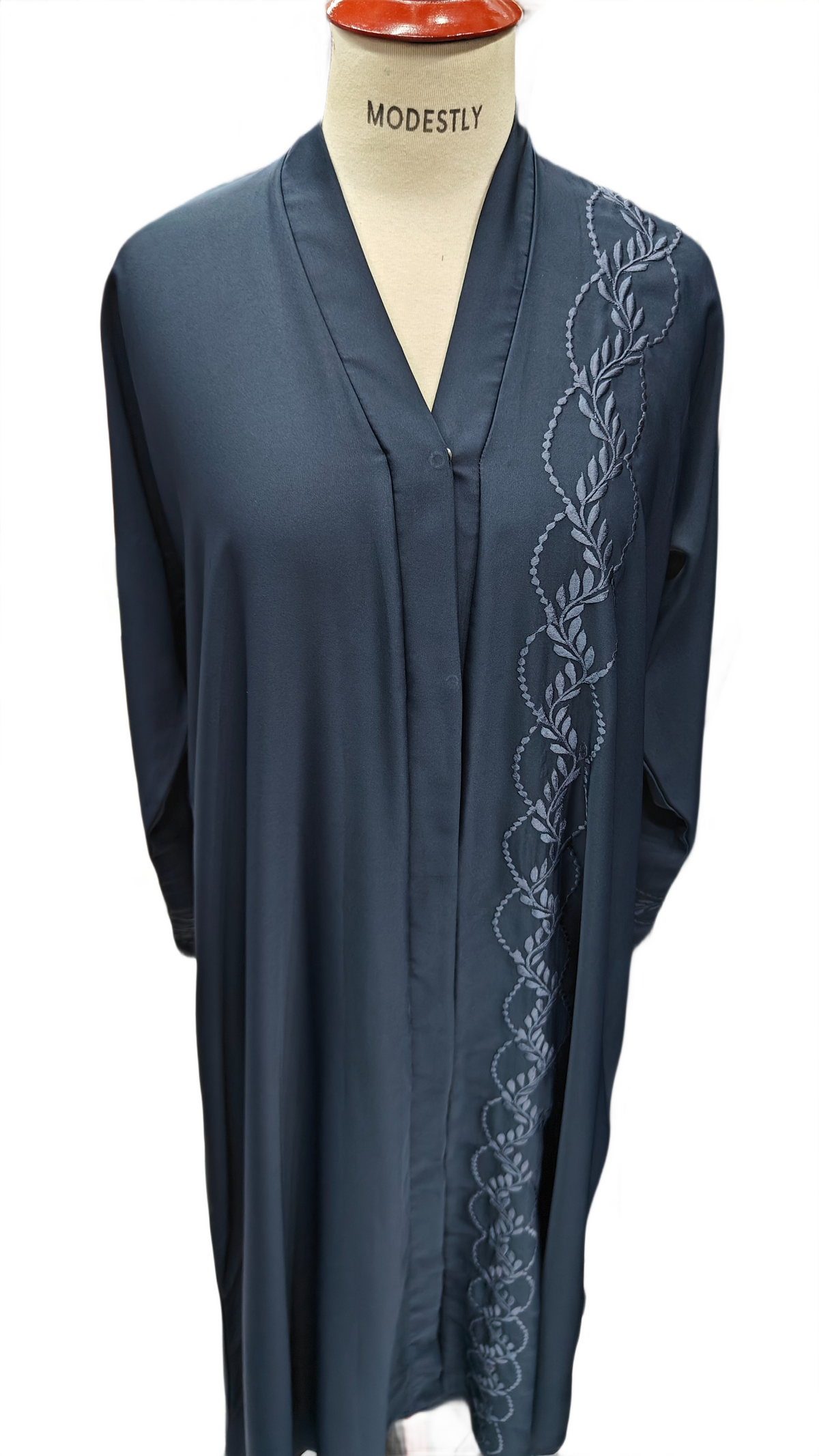 Premium Nida Silk Abaya in Zinc with Detailed Embroidery